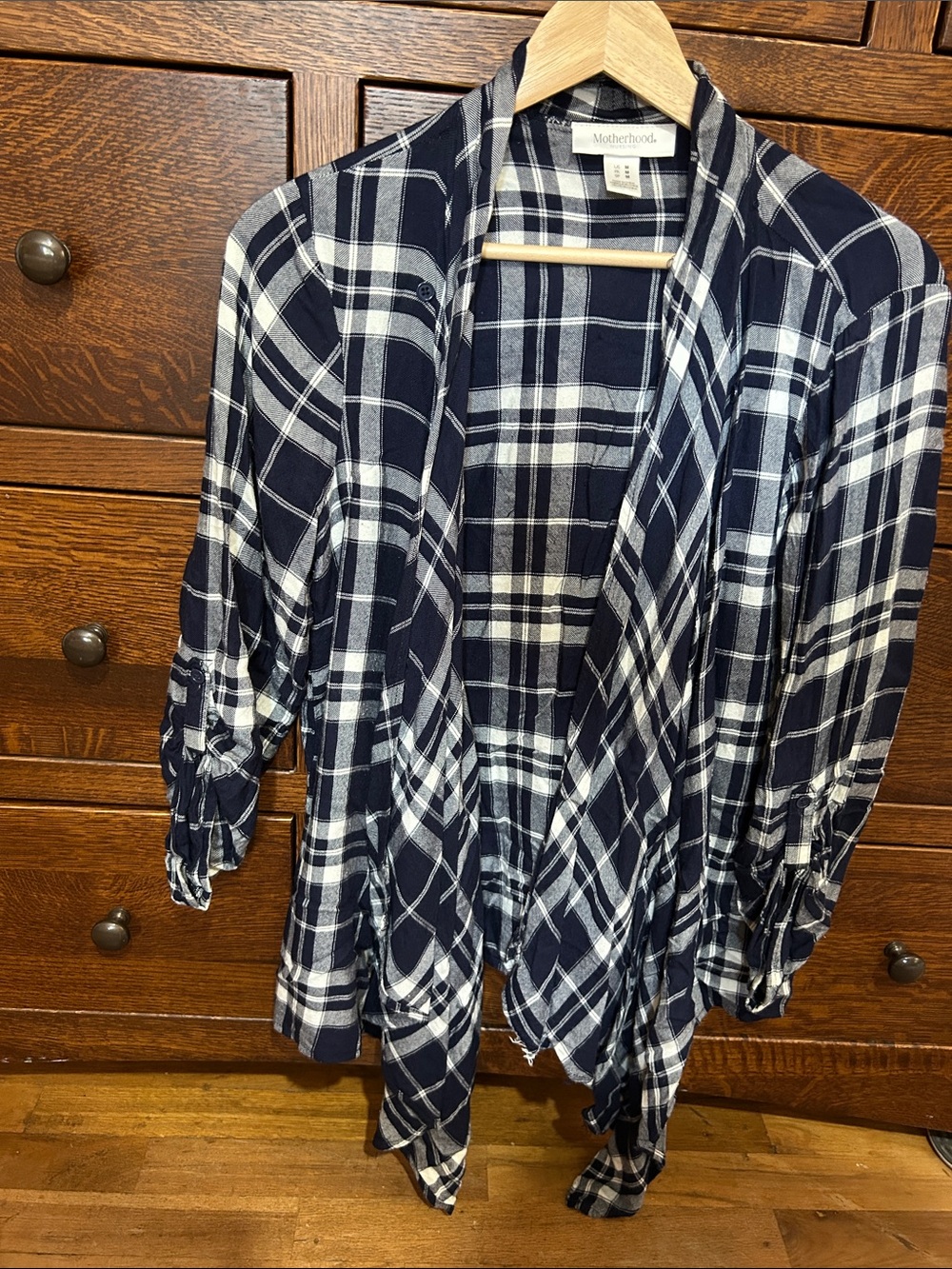 Motherhood Maternity Navy & White Plaid Draped Open Cardigan